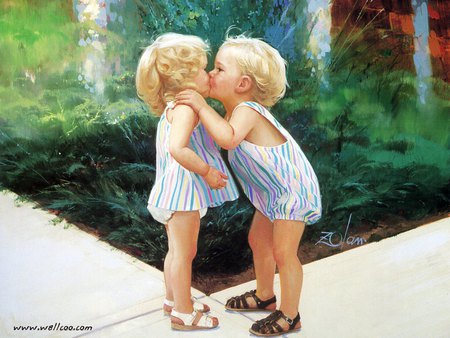 Twins kissing, by Donald Zolan - chldren, painting, kiss, art, donald zolan