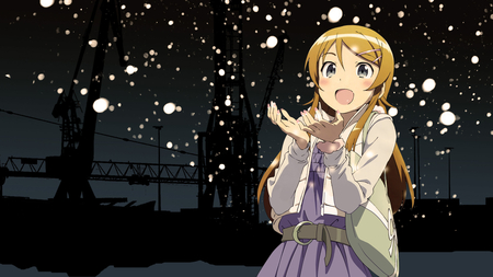 Kirino Kousaka - one, winter, kawaii, snow, night, happy, smile, cute, no, kosaka, imouto, oreimo