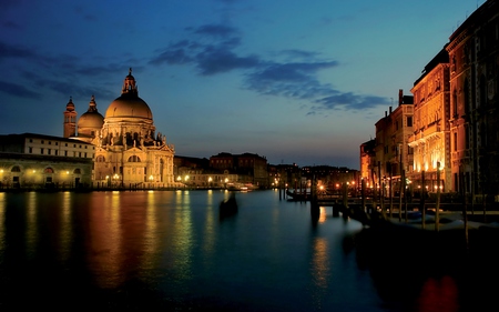 Venice - romantic, boat, italia, romance, night, reflection, church, view, venice, houses, sky, clouds, house, beautiful, lanterns, sea, city, beauty, colors, gondola, lovely, architecture, buildings, boats, nature, sunset, lights, gondolas, italy, peaceful