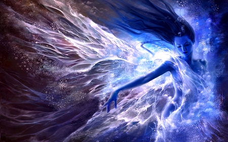 SPLASHING - fantasy, water, blue, woman, bubbles, splash