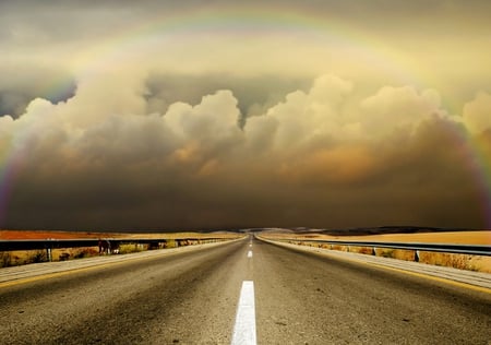 Road To Nowhere - beauty, sky, peaceful, railing, colorful, sunset, field, highway, road, storm, view, clouds, rainbow, landscape, lovely, nature, beautiful, colors