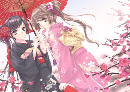 Spring Girls - season, traditional, cherry, sakura, umbrella, pink, blossom, yukata, flowers, kimono, cute