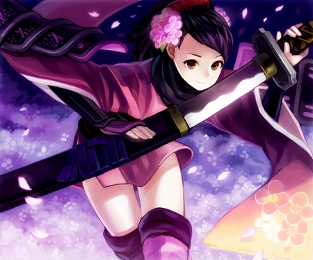 MomoHime - oboro, sexy, girl, samurai, games, purple, muramasa, petals, ninja, weapon, sword, flowers, cute, wii, long