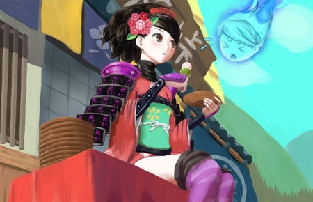 Momohime was being meanie - flower, takoyaki, funny, cute, spirit, girl, eating, foods, traditional, eat, ninja, wii