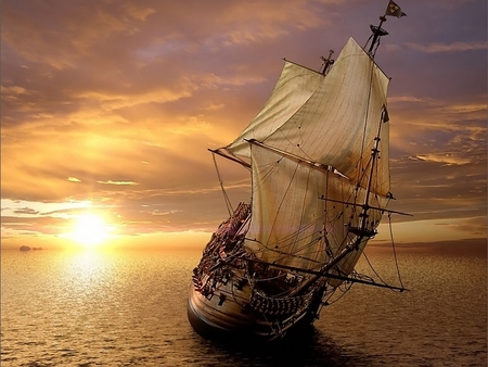 Sunset sailing - sailing, sunset, sailboat, ship, ocean