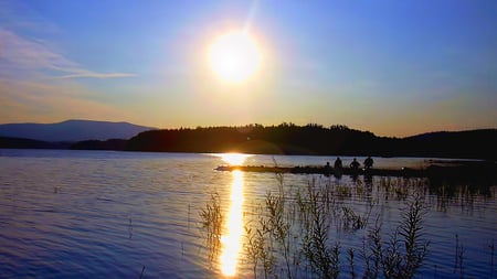 Sunset over the lake - lake, sunset, reflection, shadow