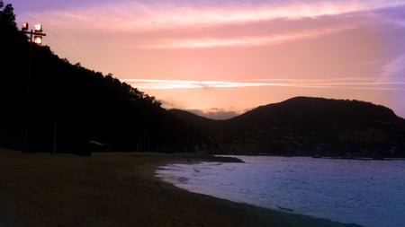 Sunset in red - beach, sunset, mountain, red