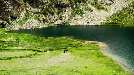 Mountain lake - lake, horse, blue, mountain