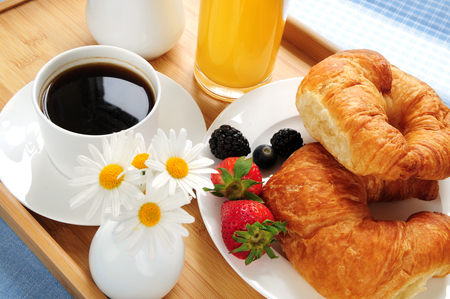 With Love... - blueberries, breakfast, croissant, enjoyable, flowers, daisies, pastry, fruit, nice, vase, strawberries, beautiful, coffee, photography, cool, still life, tasty, drink, harmony, juice, blackberries, glass