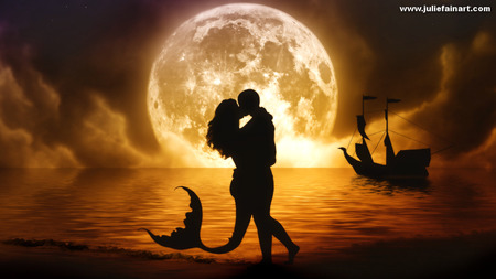 Sunset kiss - moon, love, silhouette, couple, magical, sunset, lovely, ship, kiss, mermaid, man, sailboat, sea, boat