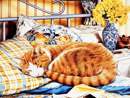 Cat painting by Geoffry Tristam - painting, bed, sleep, art, geoffrey tristam, cat, flower, kitten