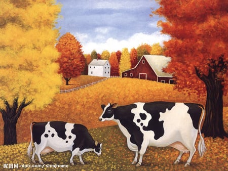 Cows * Painting by Lowell Herrero - painting, autumn, art, cow, lowell herrero, field