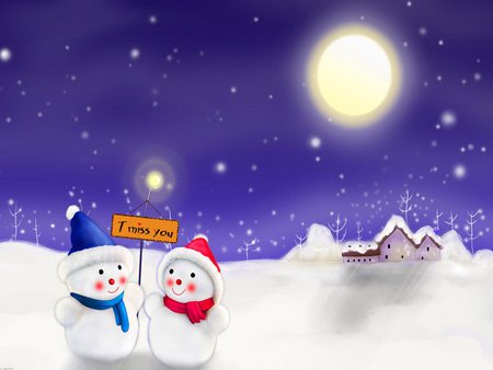 I miss you - moon, snowman, new year, snow, holiday, winter, christmas