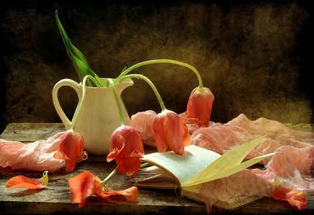 Shades Of Pink - flowers, pitcher, tulips, book, pink fabric, table, still life