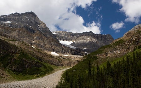 Lake Louise Trail's End - forests, mountains, nature, trail, clouds, blue, snow, beautiful, skies