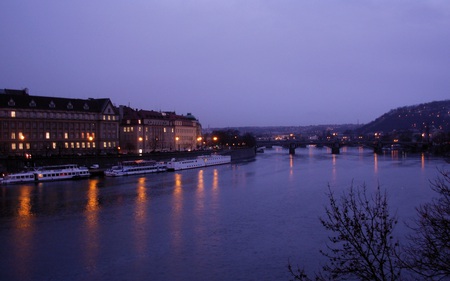 Praha Lights - boats, night, clear, reflections, calm, architectue, beautiful, river, skies, city, bridge, dusk