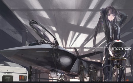 gray ground - girl, suit, plane, black hair, gray