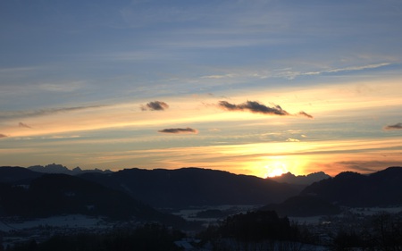 Winter Sunset - valley, mountains, nature, beautiful, clouds, blue, snow, sunsets, skies, dusk