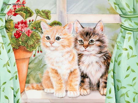 Maday Jane oil painting2 - painting, art, courtain, window, cat, maday jane, flower, kitten