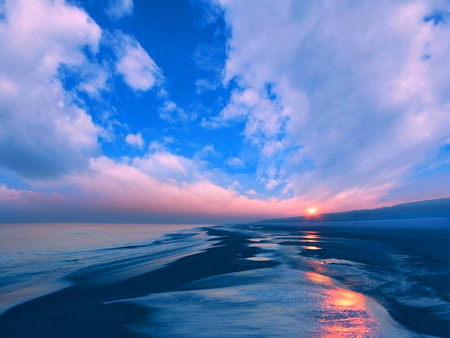 Sea blue on blue - reflections, white clouds, sunset, water, beach, blue sky, ocean