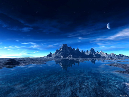 Night blue - clouds, moon, water, blue, night, mountain