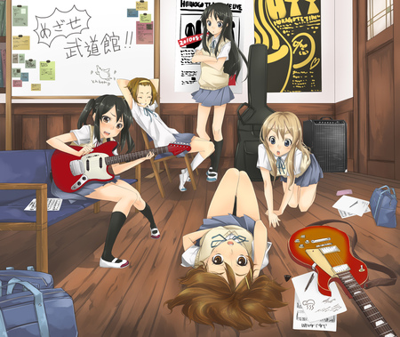 K-On! - brown eyes, instrument, black hair, k on, brown hair, beck, knee highs, blonde hair, short hair, skirt, parody, nakano azusa, twintails, blue eyes, long hair, kotobuki tsumugi, tainaka ritsu, hirasawa yui, akiyama mio