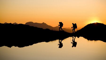 Nature Hiking - sunset, people, hiking, two, lake