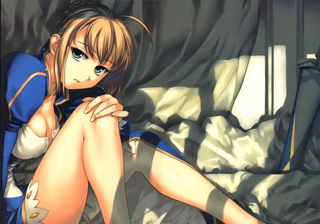 Saber - saber, green eyes, female, girl, anime, sword, fate stay night