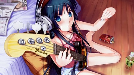 Akiyama Mio - pretty, female, long hair, pink shirt, akiyama mio, guitar, bed, headphones, fender, blue shorts, blue eyes, girl, pocky, k on, instrument, juice, black hair, cute