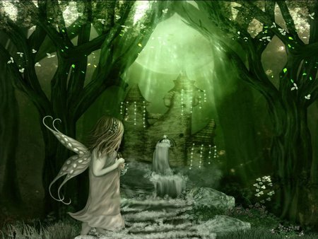 GREEN FAIRY WORLD - falls, forest, wings, green, fairy, waterfall