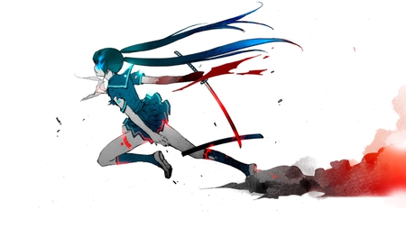 Hatsune Miku - blood, twin tails, vocaloid, skirt, sword, hatsune miku, miku, smoke, thigh highs, dash