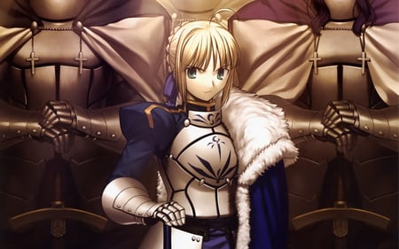 Saber - saber, green eyes, girl, armour, anime, knight, fate stay night, blonde