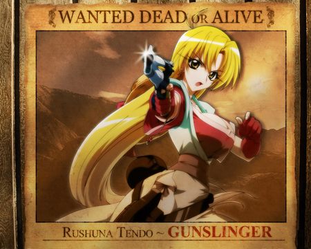 Rushuna Tendo - yellow eyes, gold eyes, anime, anime girl, female, gun, girl, blonde hair, long hair, tendo rushuna, rushuna tendo, grenadier, weapon