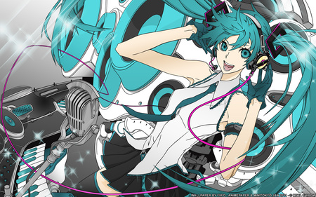 Hatsune Miku - piano, cyan hair, miku, microphone