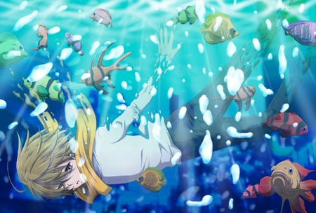 one with water - fish, anime, water, boy