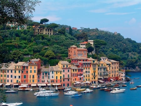 Portofino,Italy - boat, italia, sailboats, sailing, view, houses, sky, house, portofino, trees, beautiful, sea, beauty, colors, lovely, architecture, buildings, boats, colorful, sailboat, italy, peaceful