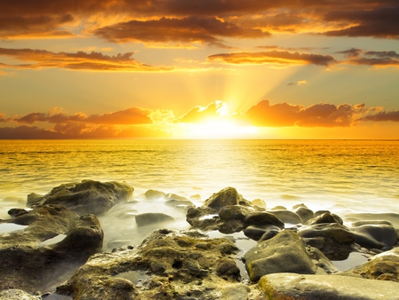 Sunset - coast, beach, splendor, sunrise, reflection, sand, golden sunset, view, golden, sky, sun, clouds, sunlight, water, beautiful, sea, beauty, colors, lovely, ocean, nature, sunset, rays, waves, peaceful, rocks