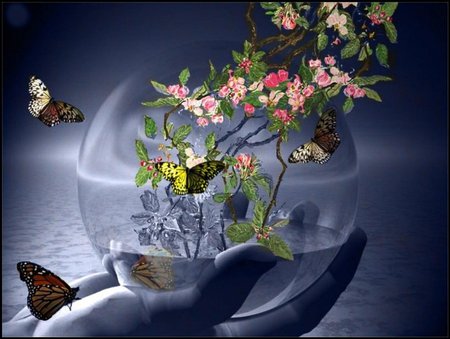 BUTTERFLIES ARE FREE - flowers, bowl, butterflies, hand