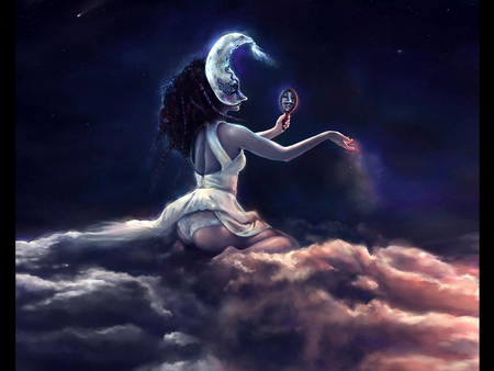 The real Moon - clouds, pretty, moon, beautiful, dress, girl, night, lovely, light, stars, mask, mirror, woman, sexy, sky