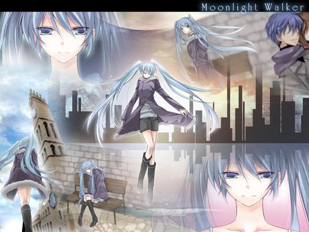 Hatsune Miku - Moonlight Walker - aqua, sun, thighhighs, music, sunset, anime girl, kaito, white, cool, hatsune miku, skirt, light, song, scarf, buildings, jacket, skyscrapers, vocaloids, program, glow, vocaloid, beautiful, diva, beauty, nice, twintail, singer, aqua hair, black, virtual, lovers, pretty, idol, anime, orange, miku, cute, love, girl, couple, sad, hatsune, city, awesome