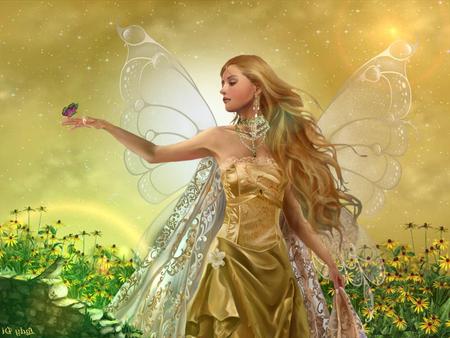 Golden Fairy - woman, sunshine, sunflowers, angel, sun, wings, sunset, daisy, fantasy, pretty, yellow, green, golden, lady, sunlight, plants, gold, bird, butterfly, beautiful, flowers, fairy, blonde