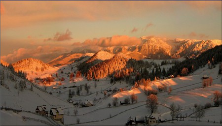 Romania mountains - winter, sunset, image, beautiful, snow, valey, mountains, houses