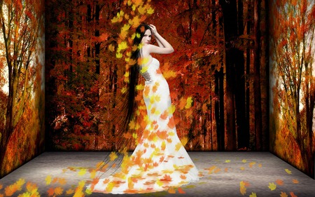 Queen autumn - woman, autumn, lady, leaf, autumn colors, brown, fall, yellow, leaves