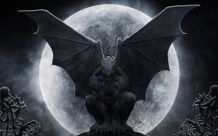 gargoyle - moon, dark, scary, monster, black, fantasy, white, gargoyle, myth, creepy