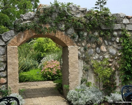 Japanese Garden Gate with Flowers - japanese garden, stone gate, beautiful, greens, flowers