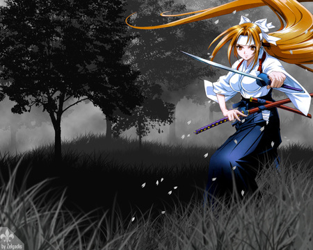 Natsume Aya - anime, female, grass, scabbard, long hair, aya natsume, weapon, black and white, anime girl, trees, natsume aya, girl, sword, headband, kimono, brown hair, aya, tenjho tenge, tenjou tenge