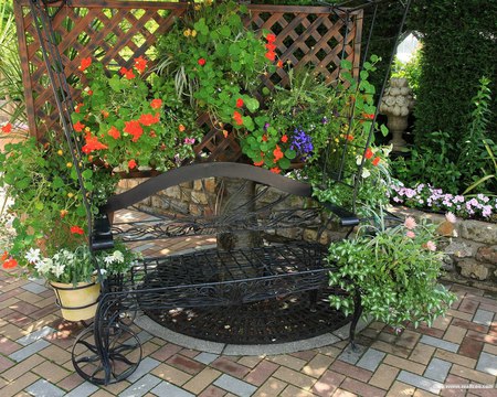 Japanese Garden Bench - greens, iron bench, beautiful, fullcolors flowers, wooden fence, japanese garden