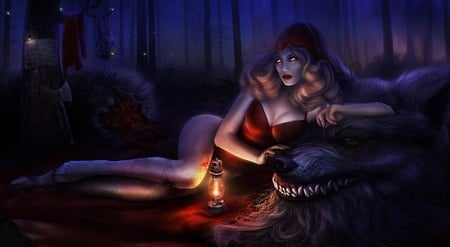 Red and the Wolf - teeth, fur, fantasy, wolf, abstract, axe, red, artwork, fairy tale, fireflies, tree, lamp