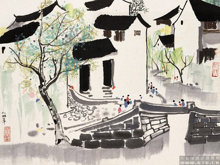 Chinese village - village, chinese house, art, painting