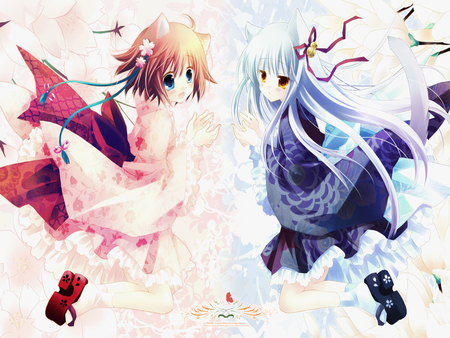 Anime Girls - blue girl, kimono, red girl, ribbons